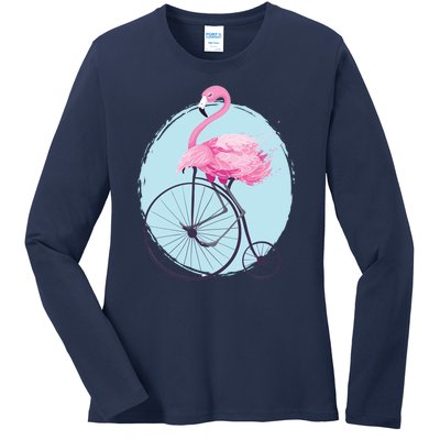 Pink Flamingo On Tall Bicycle Retro Ladies Long Sleeve Shirt