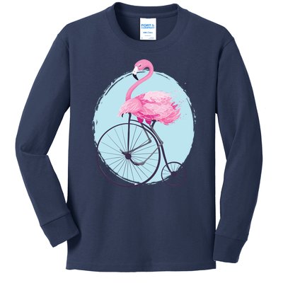 Pink Flamingo On Tall Bicycle Retro Kids Long Sleeve Shirt