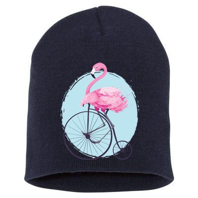 Pink Flamingo On Tall Bicycle Retro Short Acrylic Beanie