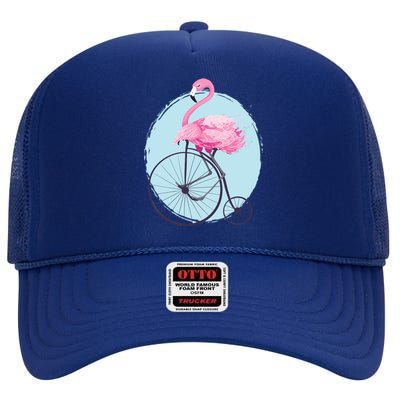 Pink Flamingo On Tall Bicycle Retro High Crown Mesh Back Trucker Hat