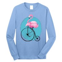 Pink Flamingo On Tall Bicycle Retro Long Sleeve Shirt