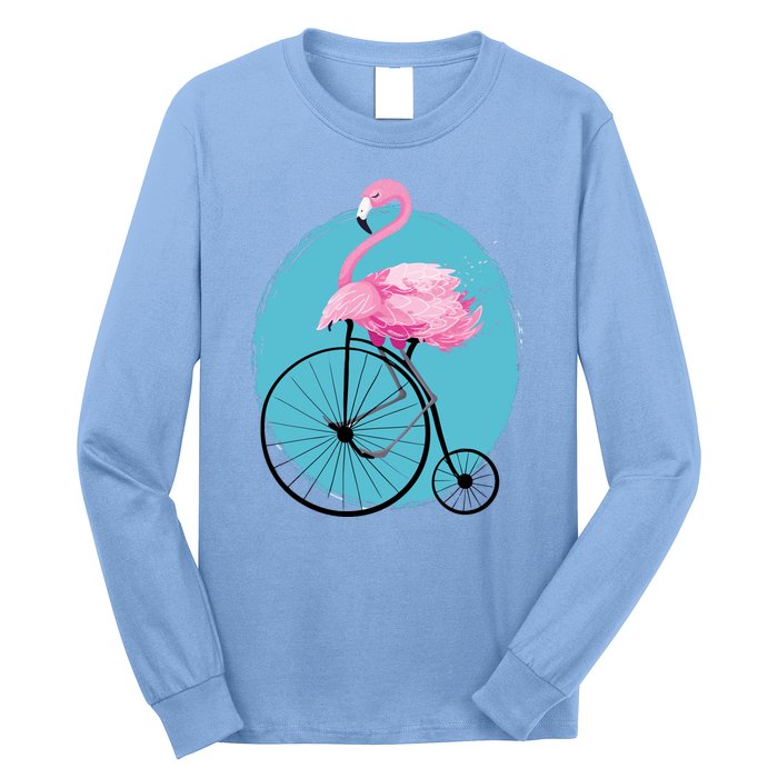 Pink Flamingo On Tall Bicycle Retro Long Sleeve Shirt