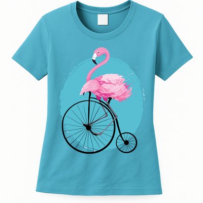 Pink Flamingo On Tall Bicycle Retro Womens T-Shirt