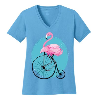 Pink Flamingo On Tall Bicycle Retro Women's V-Neck T-Shirt