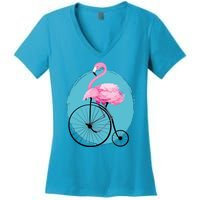 Pink Flamingo On Tall Bicycle Retro Women's V-Neck T-Shirt