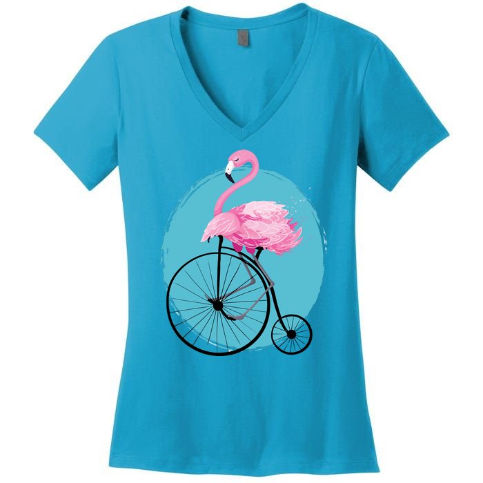 Pink Flamingo On Tall Bicycle Retro Women's V-Neck T-Shirt