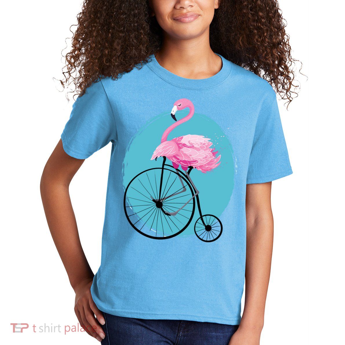 Pink Flamingo On Tall Bicycle Retro Kids T-Shirt