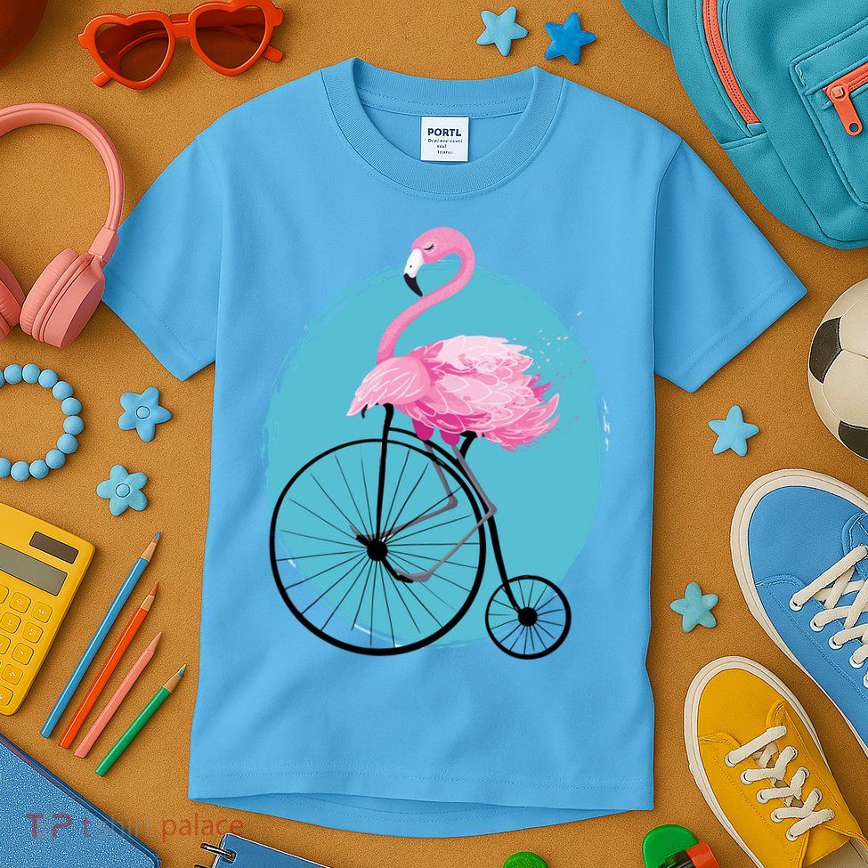 Pink Flamingo On Tall Bicycle Retro Kids T-Shirt