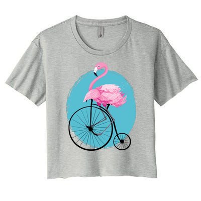 Pink Flamingo On Tall Bicycle Retro Women's Crop Top Tee