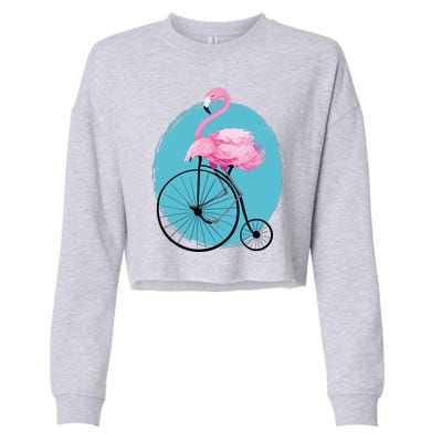 Pink Flamingo On Tall Bicycle Retro Cropped Pullover Crew