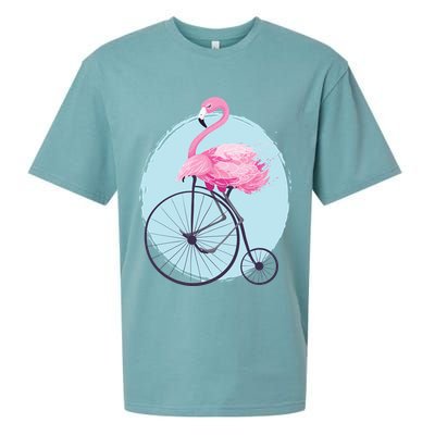 Pink Flamingo On Tall Bicycle Retro Sueded Cloud Jersey T-Shirt