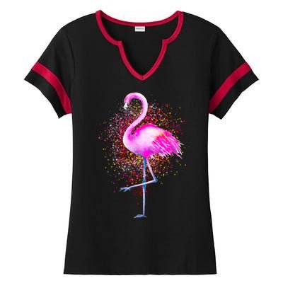 Pink Flamingo Paint Art Ladies Halftime Notch Neck Tee