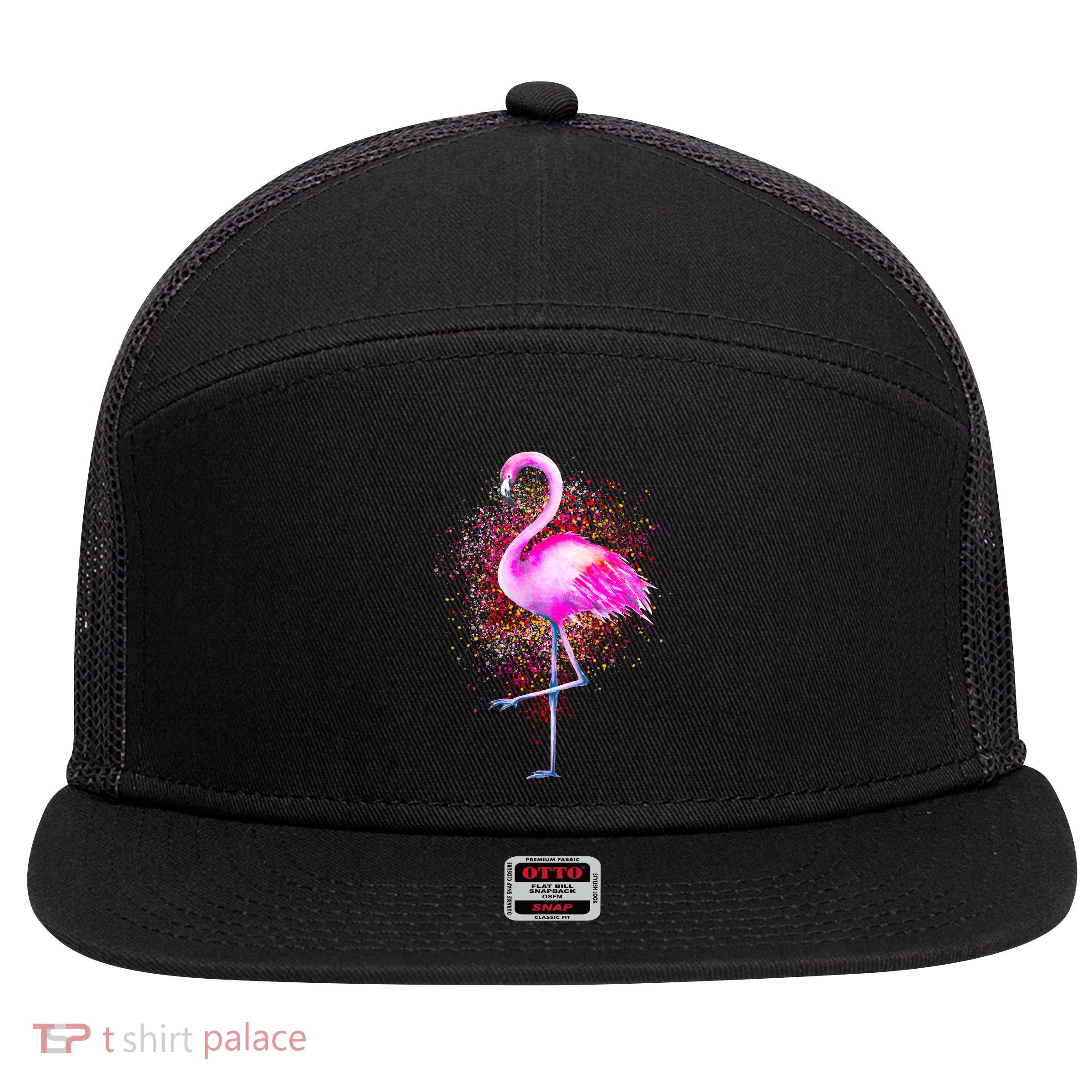 Pink Flamingo Paint Art 7 Panel Mesh Trucker Snapback Hat
