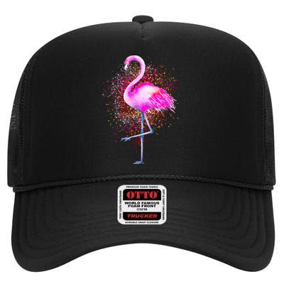 Pink Flamingo Paint Art High Crown Mesh Back Trucker Hat