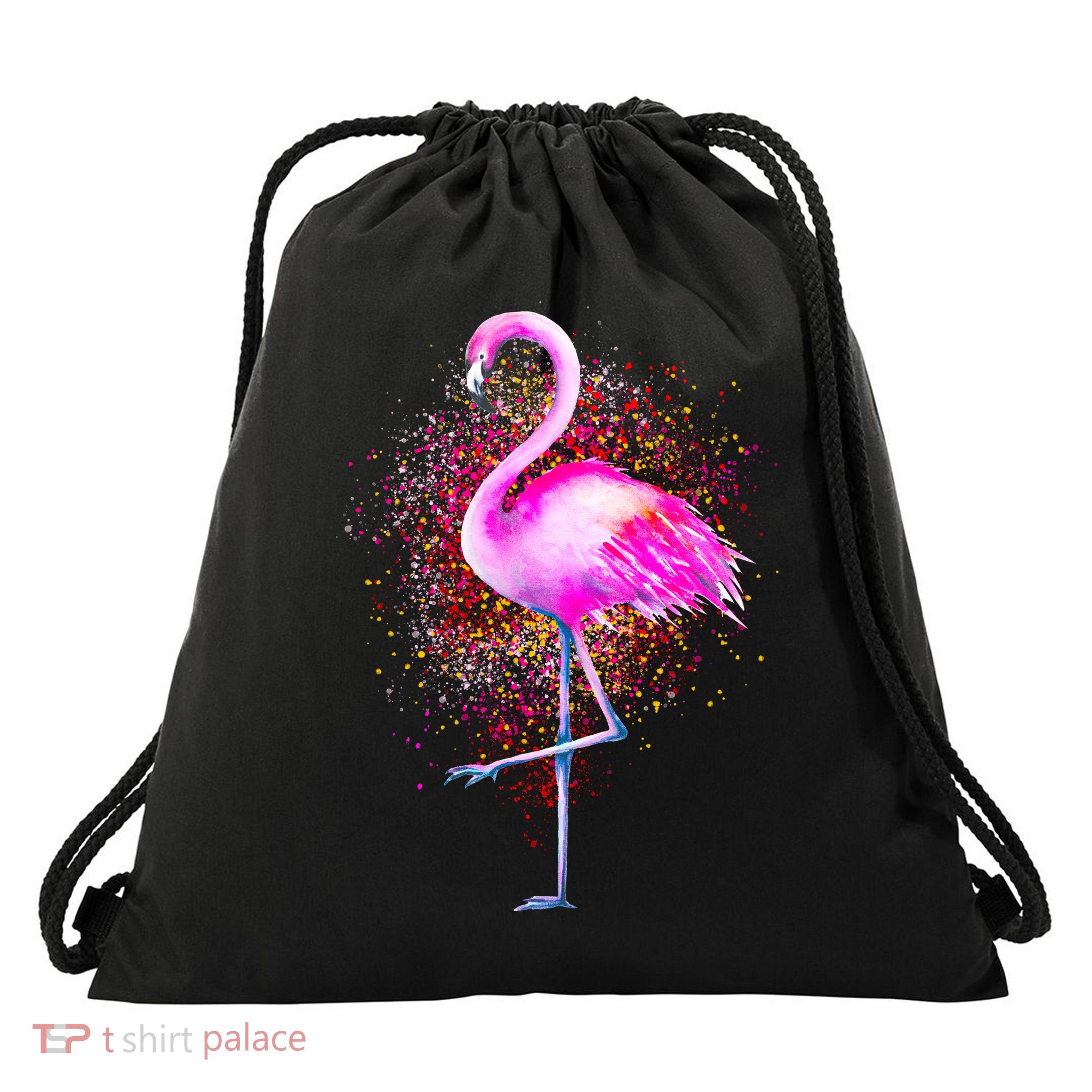 Pink Flamingo Paint Art Drawstring Bag