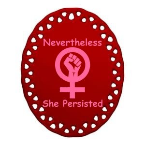 Pink Nevertheless, She Persisted Women's Sign Fist Resist Ceramic Oval Ornament