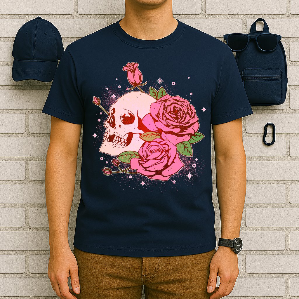 Pink Roses Skull Tattoo  T-Shirt