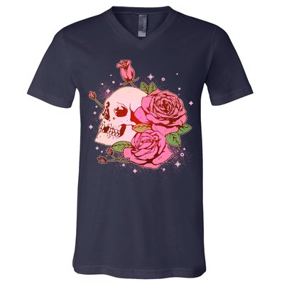 Pink Roses Skull Tattoo  V-Neck T-Shirt