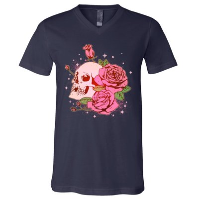 Pink Roses Skull Tattoo  V-Neck T-Shirt