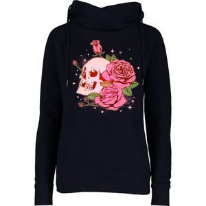 Pink Roses Skull Tattoo  Womens Funnel Neck Pullover Hood