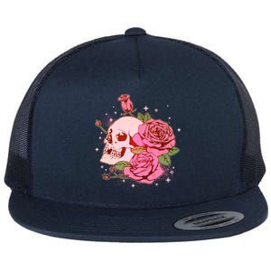 Pink Roses Skull Tattoo  Flat Bill Trucker Hat