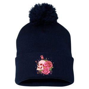 Pink Roses Skull Tattoo  Pom Pom 12in Knit Beanie