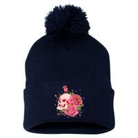 Pink Roses Skull Tattoo  Pom Pom 12in Knit Beanie