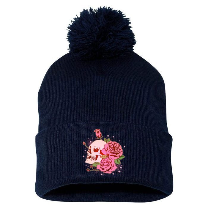 Pink Roses Skull Tattoo  Pom Pom 12in Knit Beanie