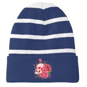 Pink Roses Skull Tattoo  Striped Beanie with Solid Band