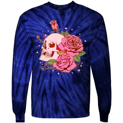 Pink Roses Skull Tattoo  Tie-Dye Long Sleeve Shirt