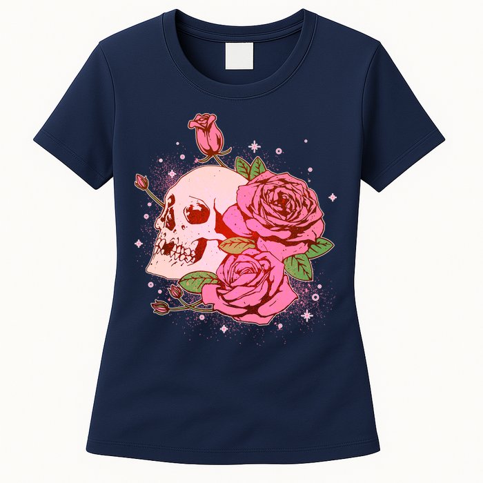 Pink Roses Skull Tattoo  Womens T-Shirt