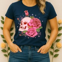Pink Roses Skull Tattoo  Womens T-Shirt