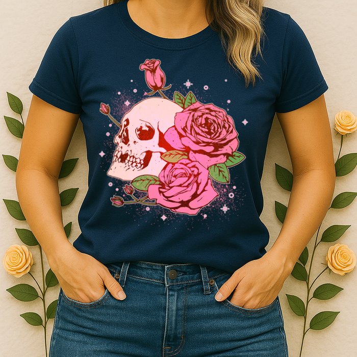 Pink Roses Skull Tattoo  Womens T-Shirt