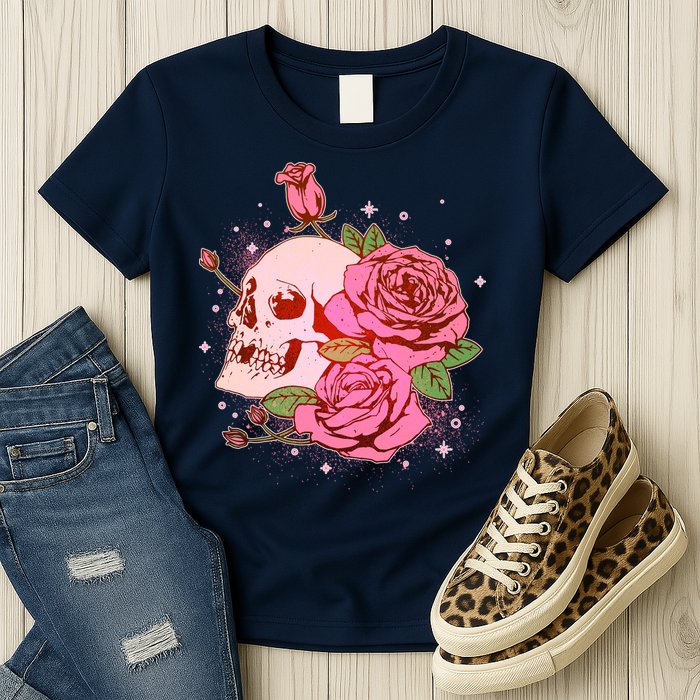 Pink Roses Skull Tattoo  Womens T-Shirt