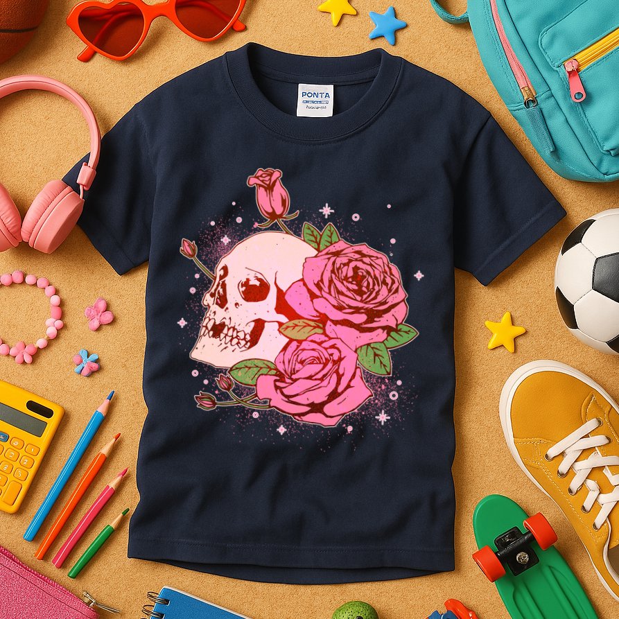 Pink Roses Skull Tattoo  Kids T-Shirt