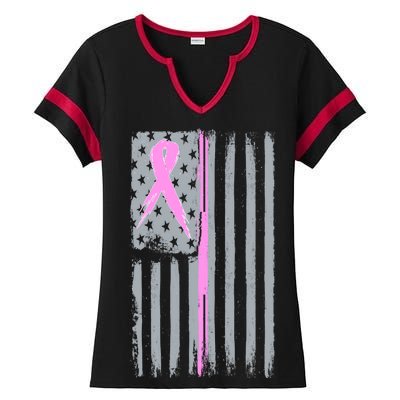 Pink Thin Line Breast Cancer Flag Ladies Halftime Notch Neck Tee