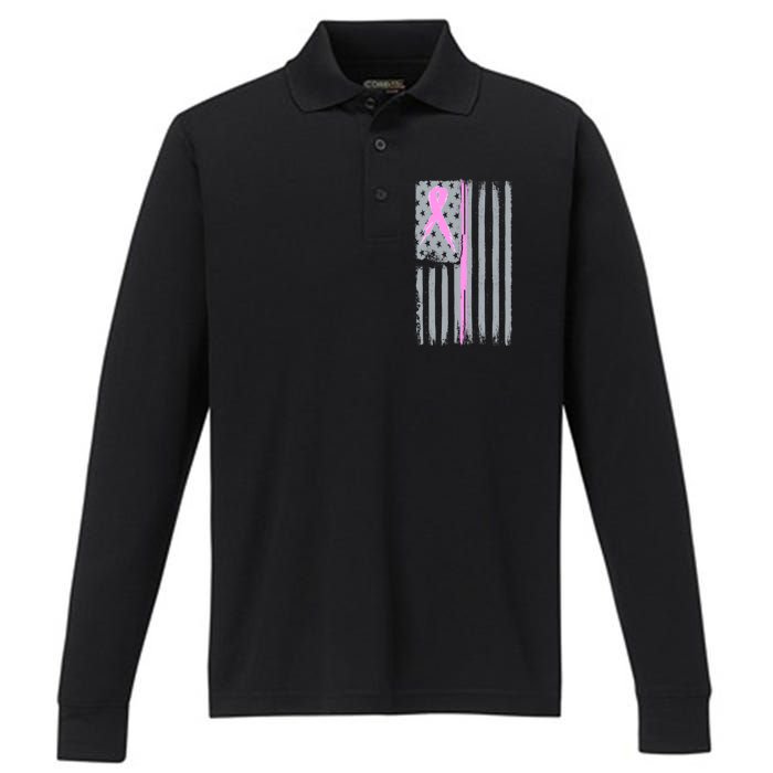 Pink Thin Line Breast Cancer Flag Performance Long Sleeve Polo