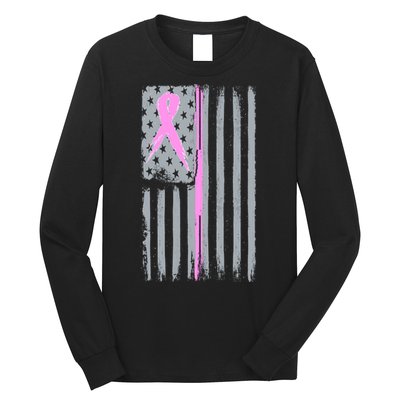 Pink Thin Line Breast Cancer Flag Long Sleeve Shirt