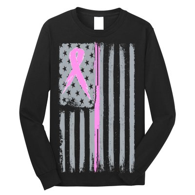 Pink Thin Line Breast Cancer Flag Long Sleeve Shirt