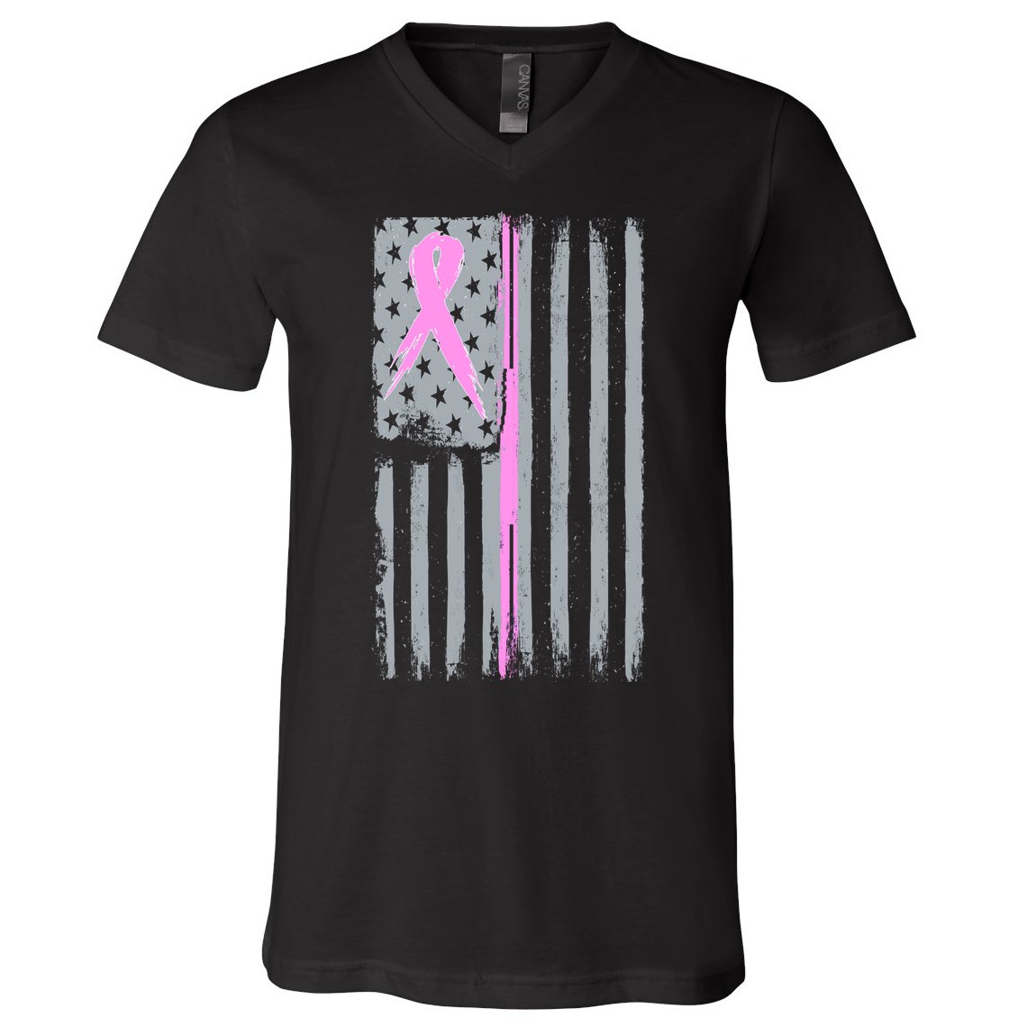 Pink Thin Line Breast Cancer Flag V-Neck T-Shirt