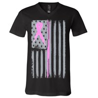 Pink Thin Line Breast Cancer Flag V-Neck T-Shirt