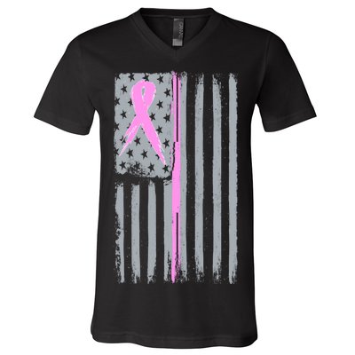 Pink Thin Line Breast Cancer Flag V-Neck T-Shirt