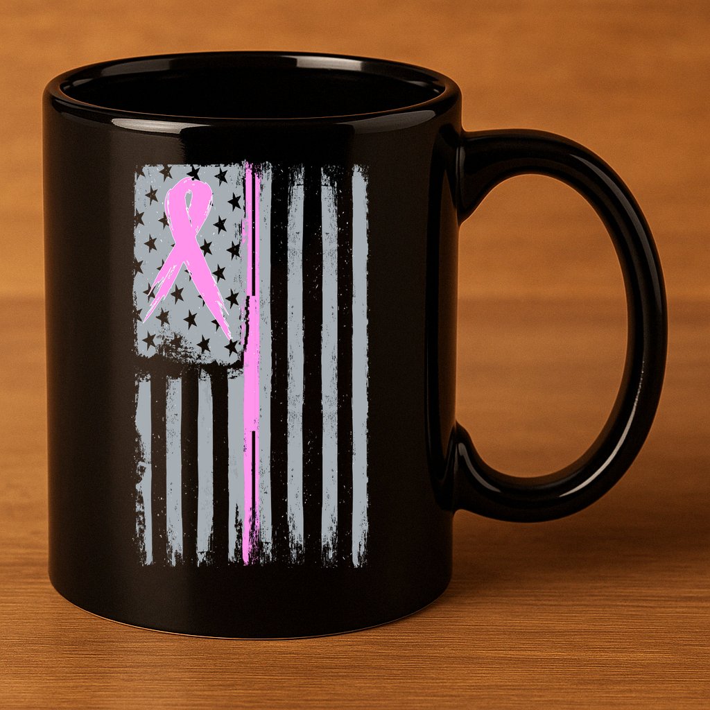 Pink Thin Line Breast Cancer Flag 11oz C Handle Ceramic Mug