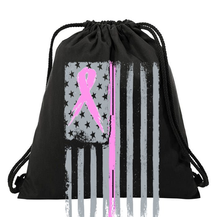 Pink Thin Line Breast Cancer Flag Drawstring Bag