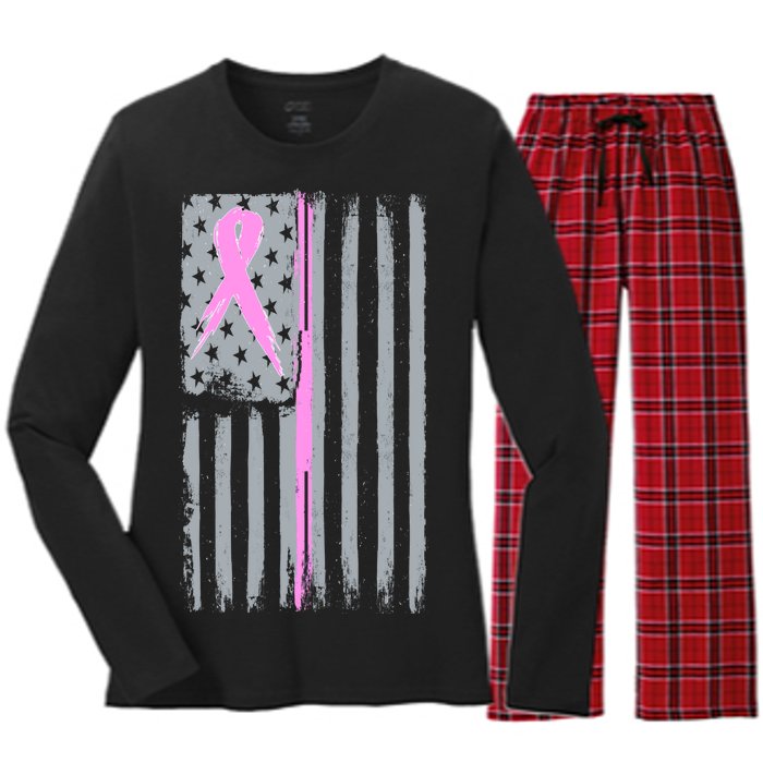 Pink Thin Line Breast Cancer Flag Women's Long Sleeve Flannel Pajama Set 