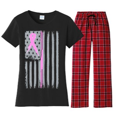 Pink Thin Line Breast Cancer Flag Women's Flannel Pajama Set