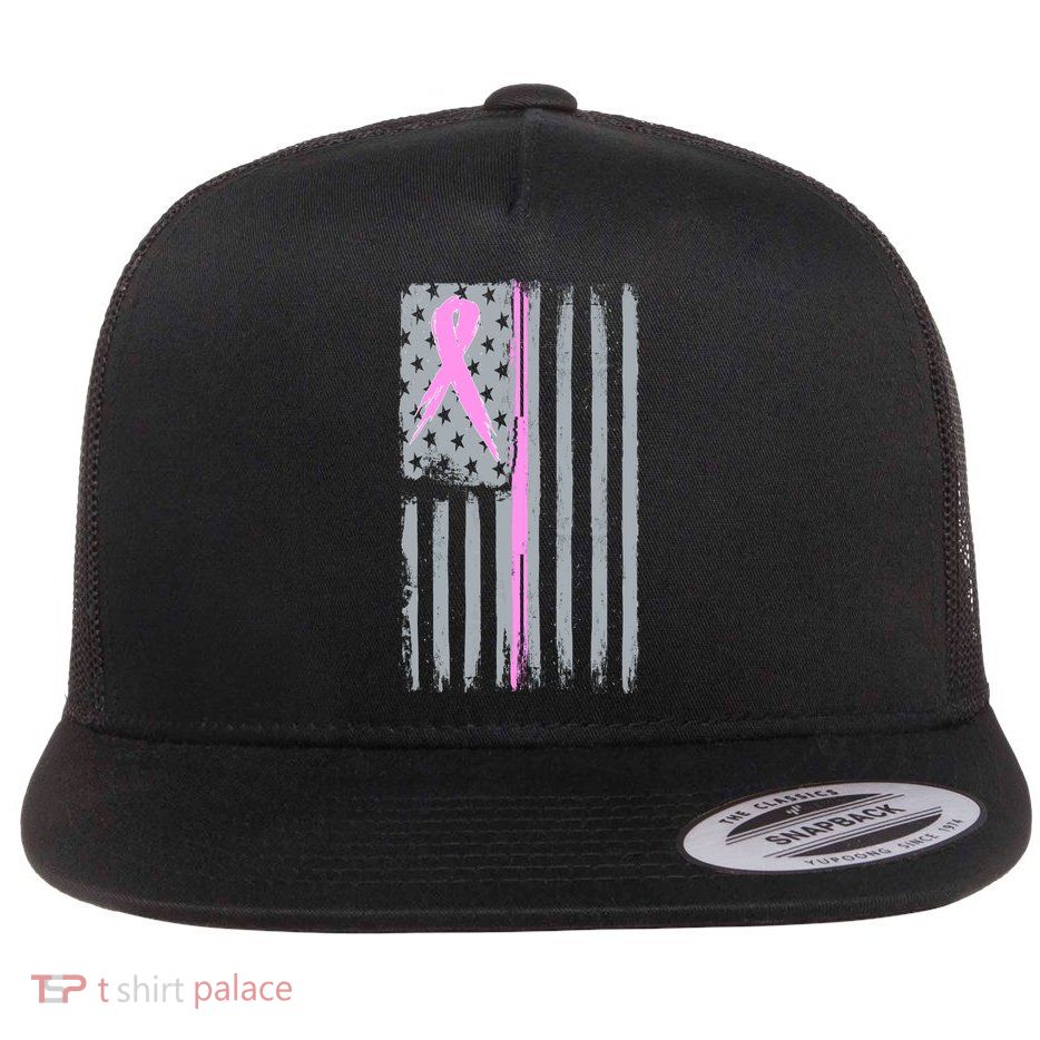 Pink Thin Line Breast Cancer Flag Flat Bill Trucker Hat