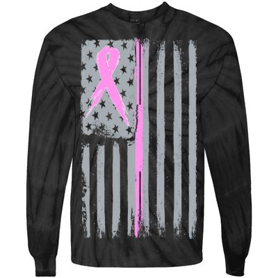 Pink Thin Line Breast Cancer Flag Tie-Dye Long Sleeve Shirt