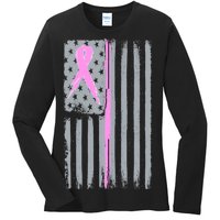 Pink Thin Line Breast Cancer Flag Ladies Long Sleeve Shirt