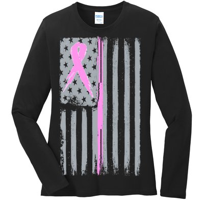 Pink Thin Line Breast Cancer Flag Ladies Long Sleeve Shirt